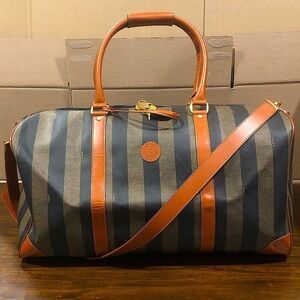 FENDI Pequin Pecan Striped Bandolier Boston Travel Bag w FENDI Shoulder Strap